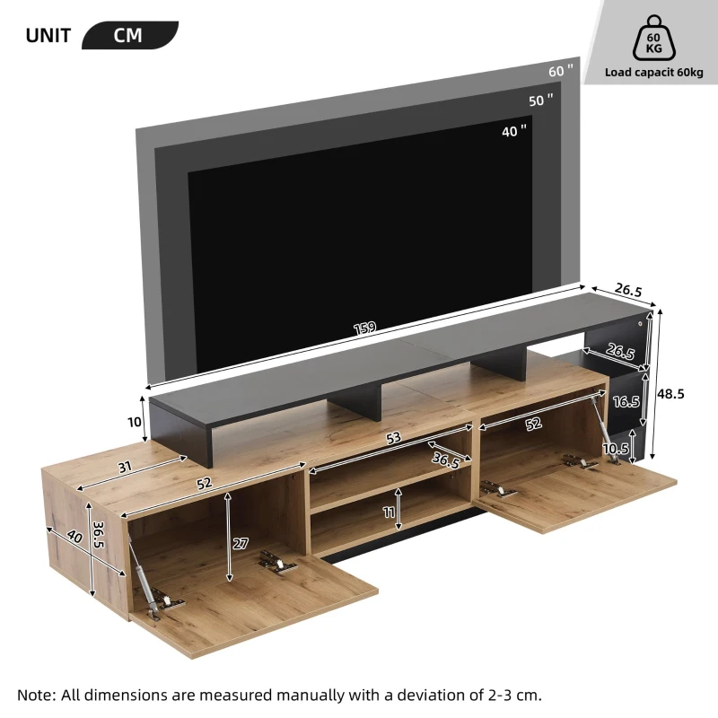 Minimalist Wooden TV Stand with 2 Cabinets and Open Shelves, Entertainment Centre for TVs Up to 70", 190L x 40W x 48.5H cm, Black+Oak