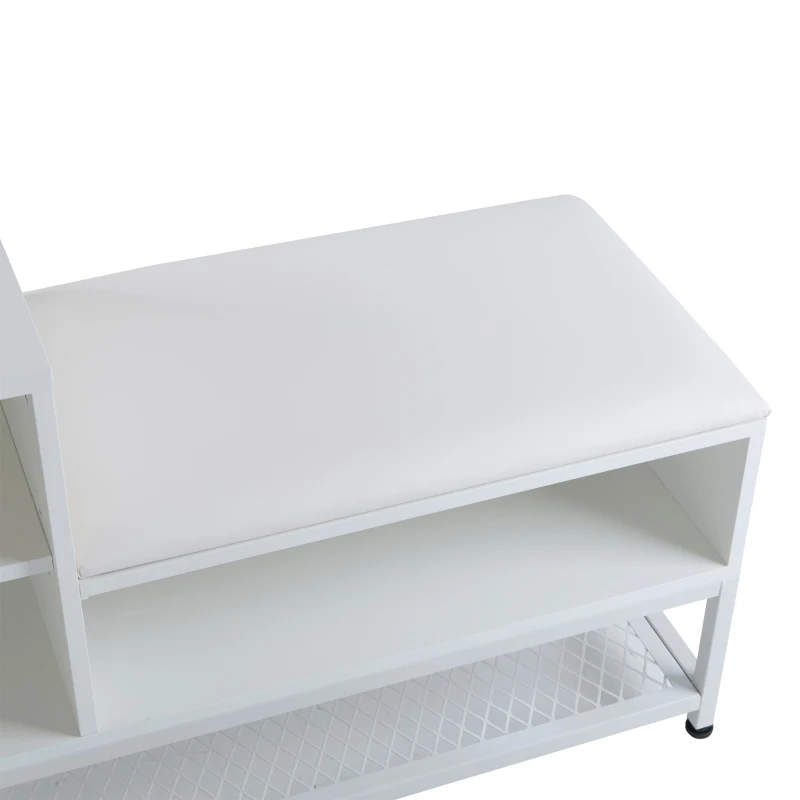 Modern Shoe Storage Bench with Padded Cushion and LED Lights, Entryway Organiser with Adjustable Shelves, 100L x 38W x 60H cm, White