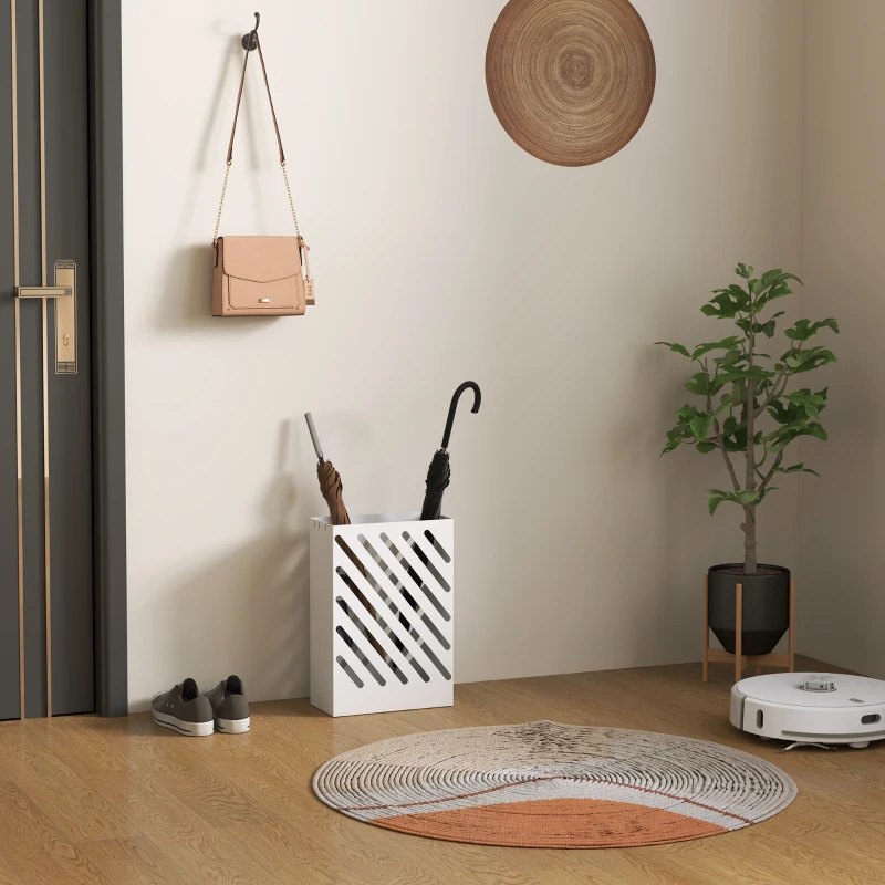 HOMCOM Regenschirmständer mit Tropfschale, 4 Haken, Stahl, 28L x 14B x 41H cm, Weiß(m-6)
