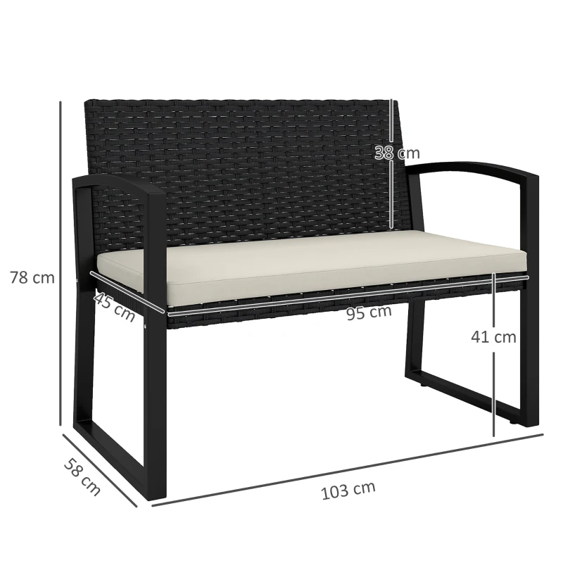 Outsunny Banco de Jardim em Vime Sintético de 2 Lugares Banco de Exterior com Almofada 103x58x78 cm Preto e Bege