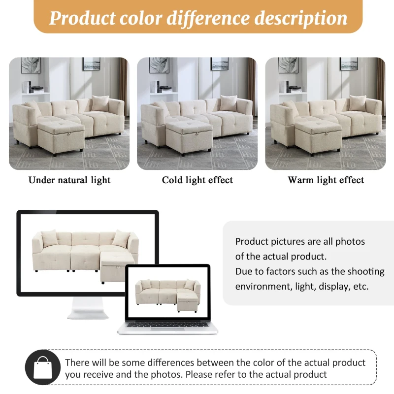 L-Shaped Sectional Sofa with Removable Storage Ottoman and 2 Pillows, Fabric Upholstery, 204L x 68W x 69H cm, Beige