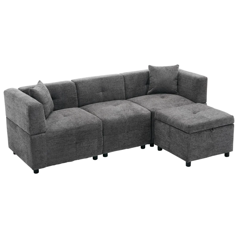 L-Shaped Sectional Sofa with Removable Storage Ottoman and 2 Pillows, Fabric Upholstery, 204L x 68W x 69H cm, Grey