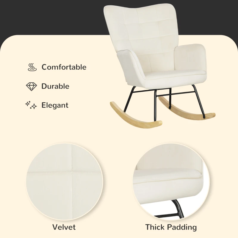 HOMCOM Rocking Chair, Thick Padding, Wide Backrest, Beech wood/Steel Frame, Supports up to 120 kg, Beige(m-5)