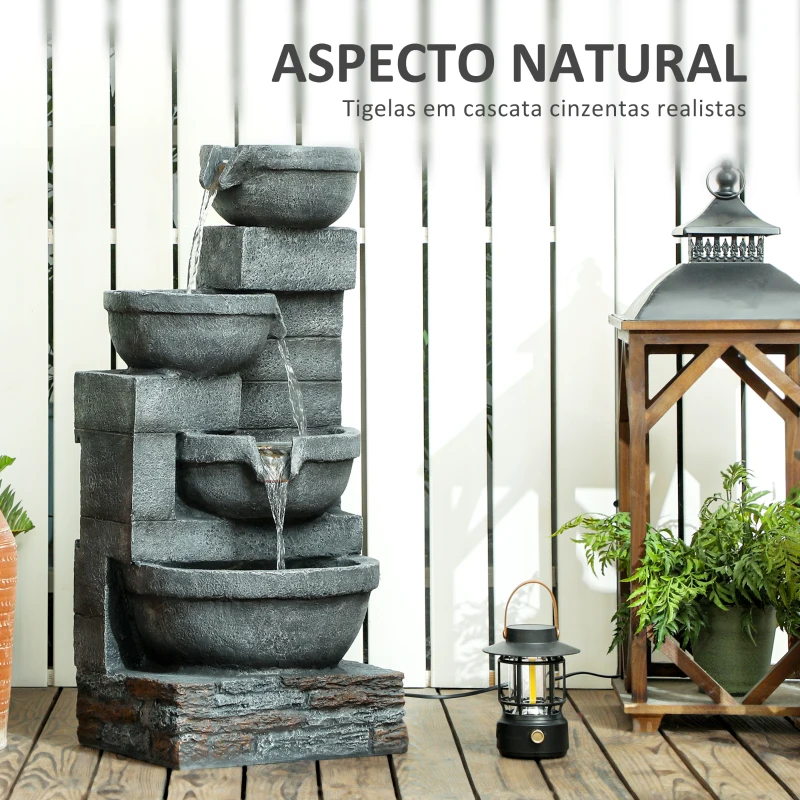 Outsunny Fonte de Jardim com Iluminação LED Fonte Decorativa em Cascata de 4 Níveis 38x35x78,5 cm Cinzenta