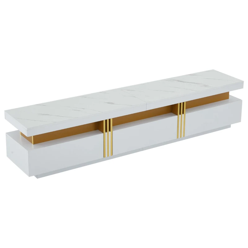 Luxury TV Stand with 3 Drawers, Faux Marble Top, and Golden Panel Design, 200L x 40W x 42H cm, White