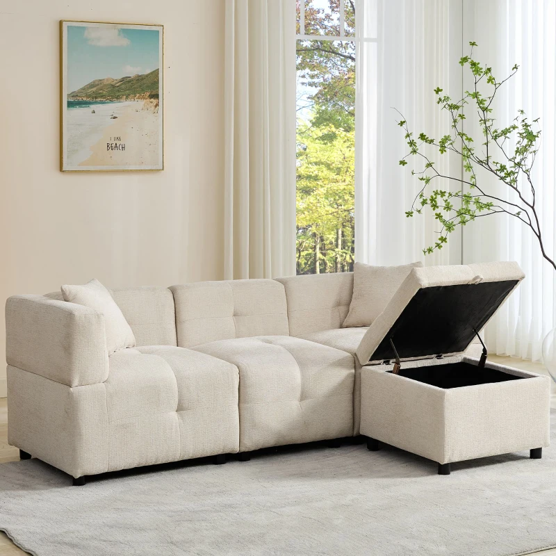 L-Shaped Sectional Sofa with Removable Storage Ottoman and 2 Pillows, Fabric Upholstery, 204L x 68W x 69H cm, Beige