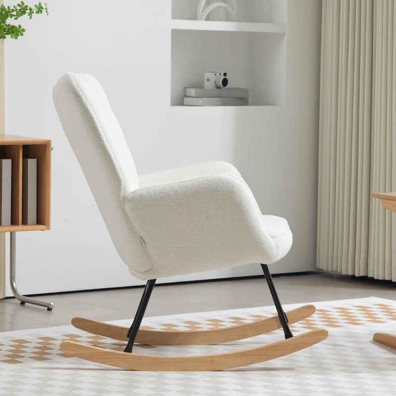 HOMCOM Rocking Chair in Fleece Look with Armrests, Ergonomic Armchair with Wooden Rockers, for Living Room, Bedroom, White(m-8)