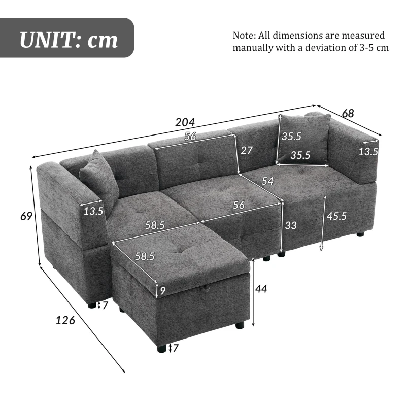 L-Shaped Sectional Sofa with Removable Storage Ottoman and 2 Pillows, Fabric Upholstery, 204L x 68W x 69H cm, Grey