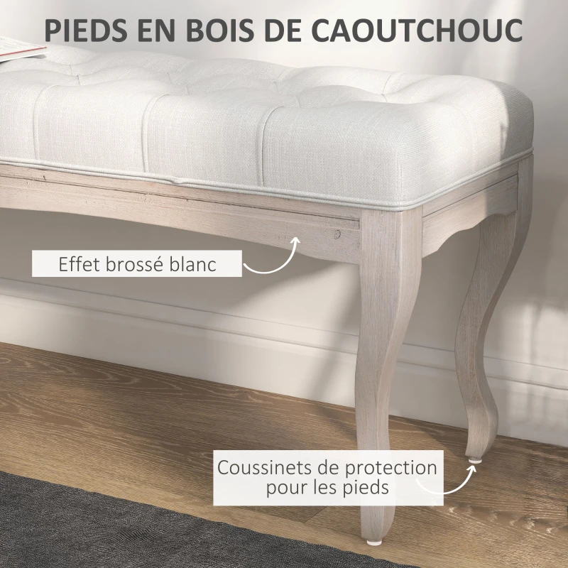 HOMCOM Banc Banquette capitonnée Style Classique 110 cm Bout de lit Rembourrée en lin piètement Bois hévéa sculpté blanc crème