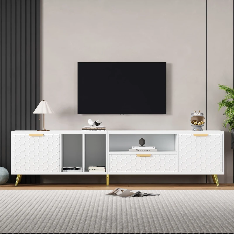 TV Stand with Storage Cabinets and Open Shelves for 80-Inch TV, Embossed Pattern Entertainment Centre, 180L x 40W x 41H cm, White