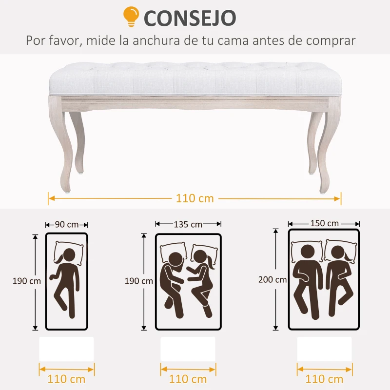 HOMCOM Banco para Pie de Cama con Pies de Madera y Asiento Acolchado Carga 120 kg para Entrada Pasillo 110x37x49 cm Crema