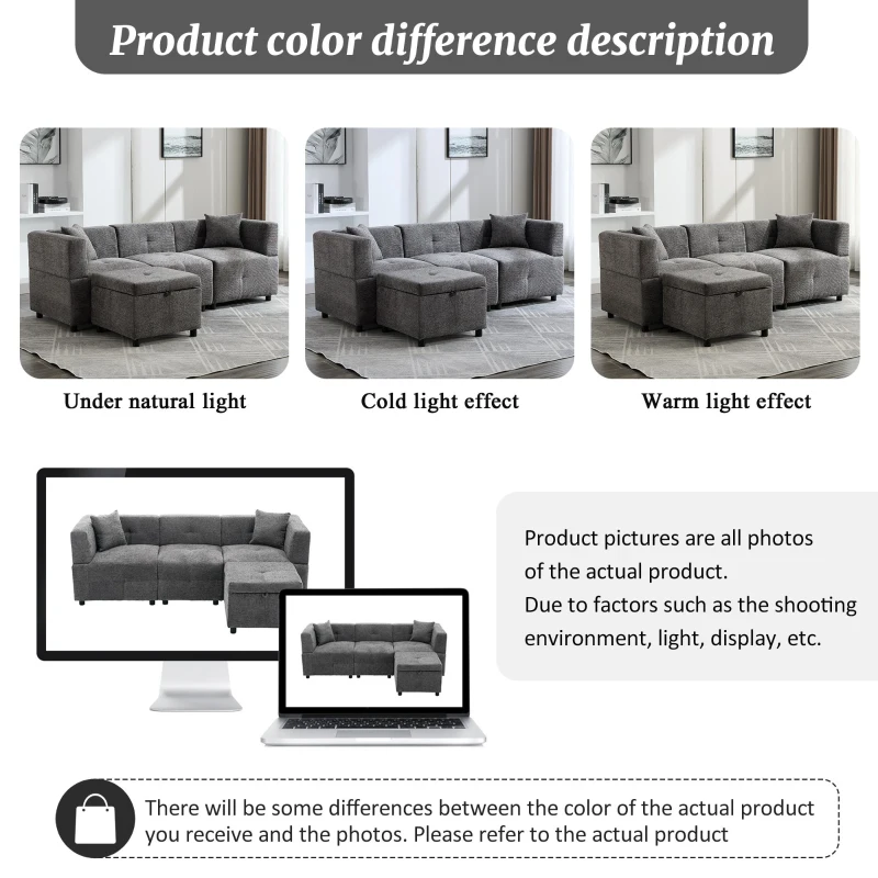 L-Shaped Sectional Sofa with Removable Storage Ottoman and 2 Pillows, Fabric Upholstery, 204L x 68W x 69H cm, Grey