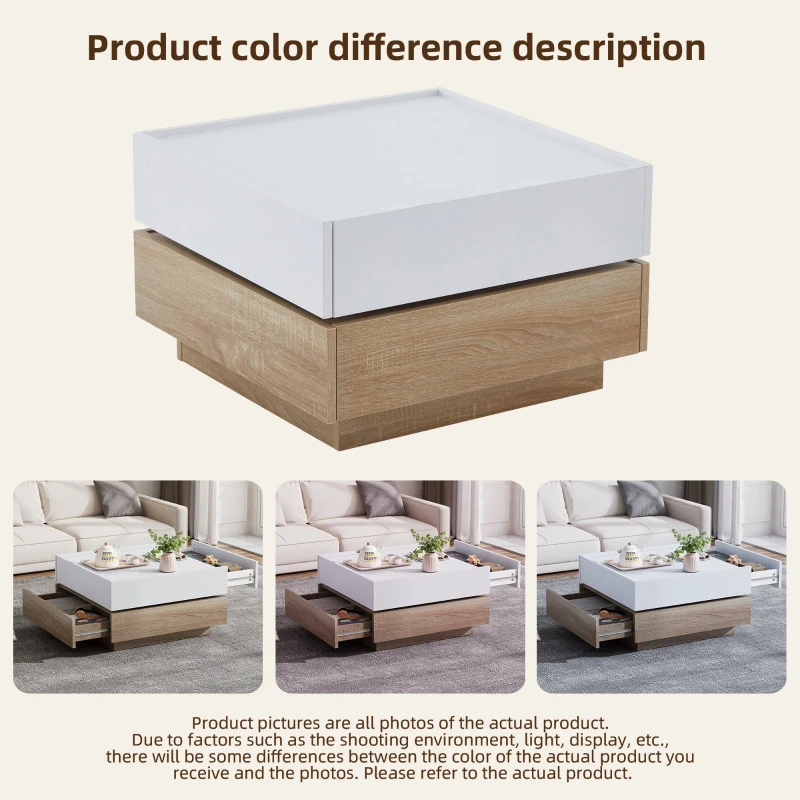 Square Rotating Coffee Table with 2 Drawers and Swivel Top, 2-Tier Centre Table with Storage, 60L x 60W x 38H cm, White+Oak