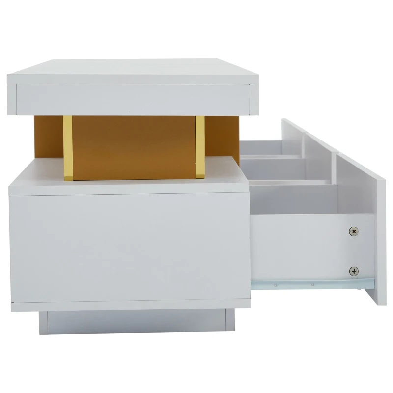 Luxury TV Stand with 3 Drawers, Faux Marble Top, and Golden Panel Design, 200L x 40W x 42H cm, White