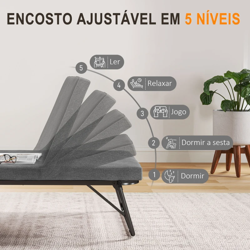 HOMCOM Cama Dobrável 70x180 cm com Colchão de Espuma Cama Dobrável com Encosto Ajustável em 5 Posições e Rodas Cinza
