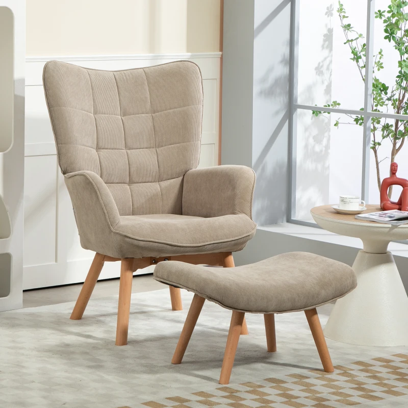 HOMCOM Accent Chair with Ottoman, Lounge Chair in Corduroy Look, Armchair with Wooden Legs, for Living Room, Light Brown(m-10)
