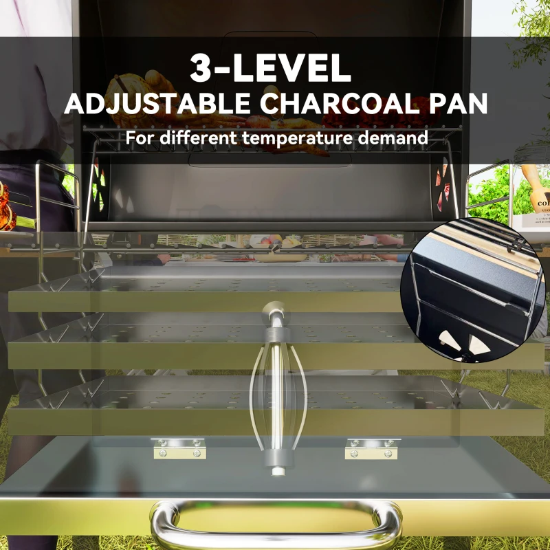 Outsunny Charcoal BBQ Grill with Height Adjustable Charcoal Pan, Barbecue Smoker with Warming Rack, 3 Shelves, Temperature Gauge, Wheels, Bottle Opener for Outdoor Cooking Garden Party