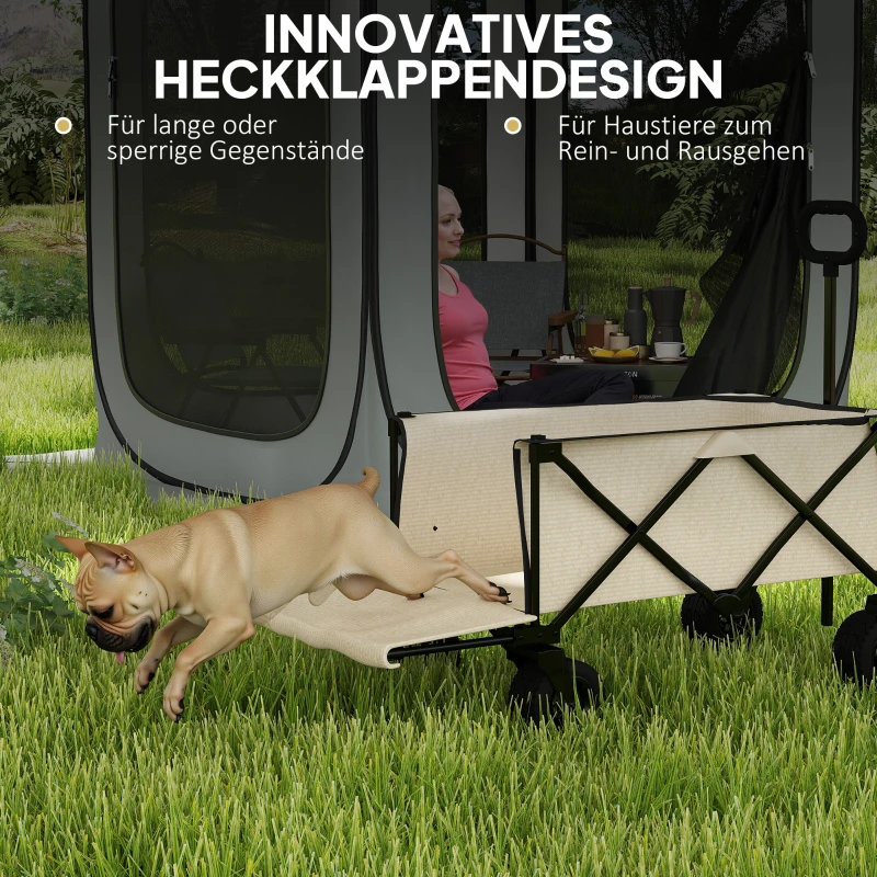 Outsunny Tuinwagen 100 kg Belastbaar, Opvouwbare Transportkar met Uitneembare Doek, 90 x 48 x 92 cm - Beige