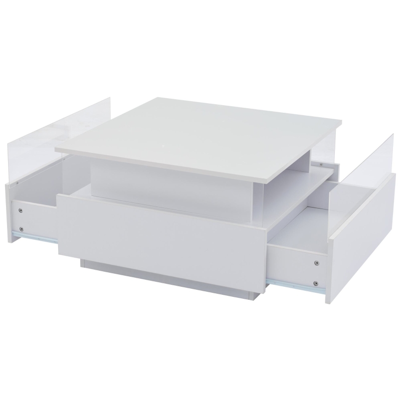 Modern LED Coffee Table with Storage and Bluetooth Control, Square Design with 2 Sliding Drawers, 70L x 70W x 41H cm, White