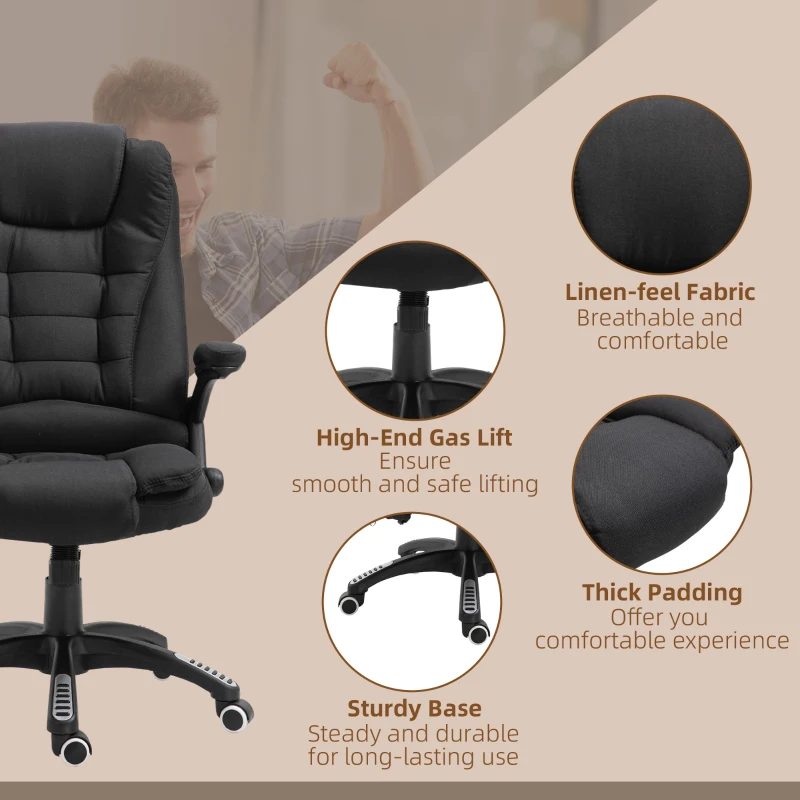 Vinsetto Office Chair with Vibration Massage, Ergonomic Desk Chair with Heating, Reclining Function, Height Adjustable Executive Chair with Remote Control, Side Pocket, Linen Look, Black