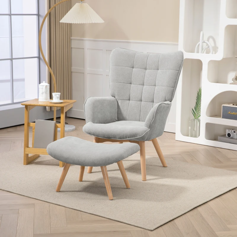 HOMCOM Accent Chair with Ottoman, Recliner in Corduroy Style, Armchair with Wooden Legs, for Living Room, Gray(m-11)