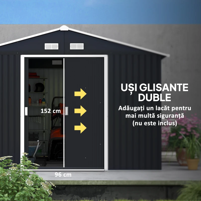 Outsunny Magazie de Depozitare de 11 x 9 din Metal pentru Unelte de Gradina cu Usi Glisante Duble si 4 Orificii de Aerisire(m-5)