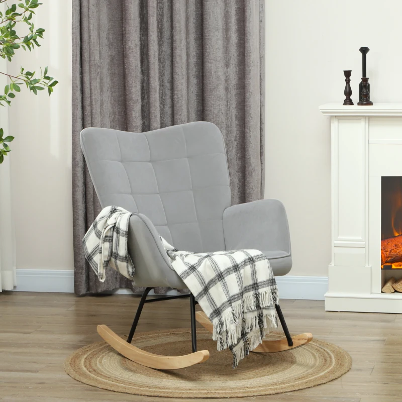 HOMCOM Rocking Chair, Thick Padding, Wide Backrest, Beech Wood/Steel Frame, Supports up to 120 kg, Light Gray(m-2)