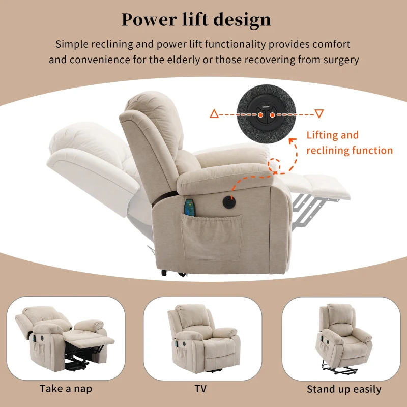 Power Massage Lift Recliner Chair with Heat and Vibration for Elderly, Fabric Sofa with Storage Pockets, Cup Holders, 90L x 94W x 101H cm, Beige