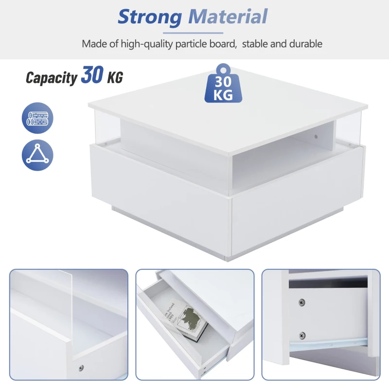 Modern LED Coffee Table with Storage and Bluetooth Control, Square Design with 2 Sliding Drawers, 70L x 70W x 41H cm, White