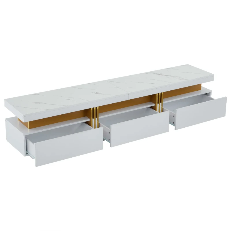 Luxury TV Stand with 3 Drawers, Faux Marble Top, and Golden Panel Design, 200L x 40W x 42H cm, White