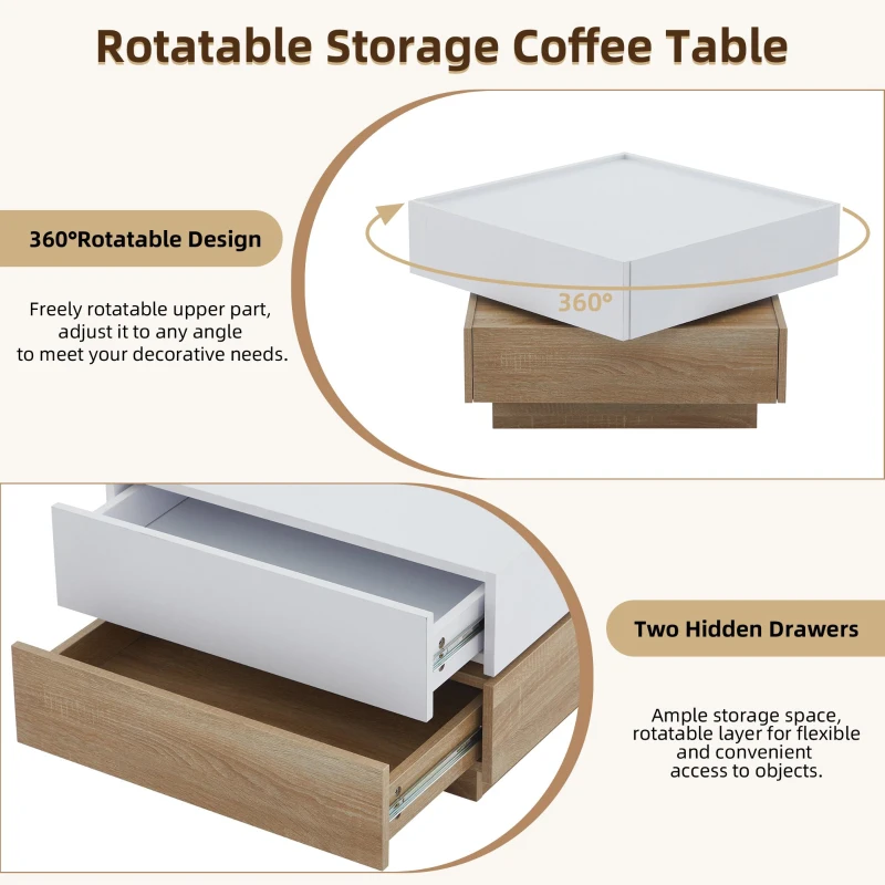 Square Rotating Coffee Table with 2 Drawers and Swivel Top, 2-Tier Centre Table with Storage, 60L x 60W x 38H cm, White+Oak
