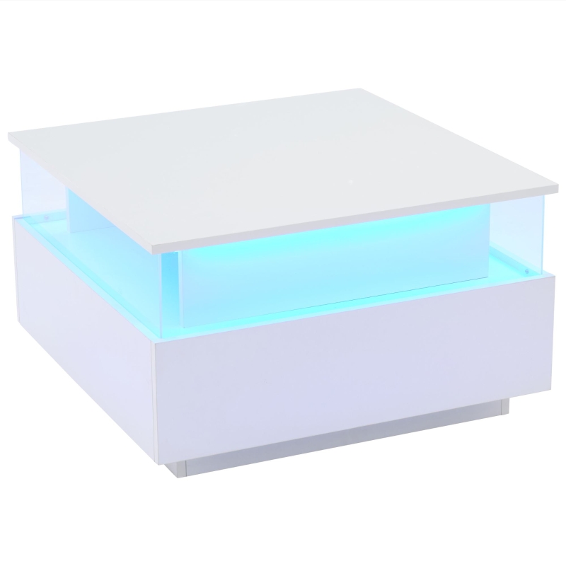 Modern LED Coffee Table with Storage and Bluetooth Control, Square Design with 2 Sliding Drawers, 70L x 70W x 41H cm, White