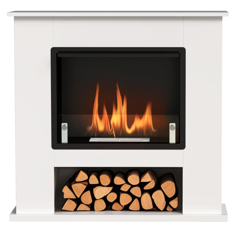 HOMCOM Camino a Bioetanolo da 0.9L con Ripiano Inferiore, in Acciaio Inox e Vetro Temperato, 86x30x82 cm, Bianco