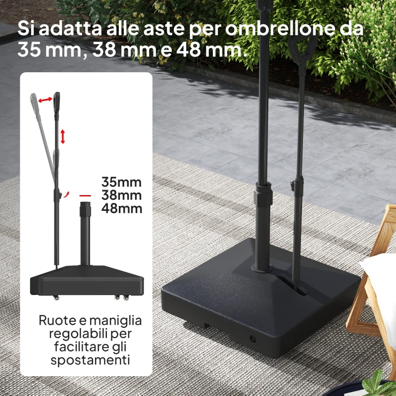 Outsunny Base per Ombrellone in HDPE con Maniglia e Ruote e Riempibile con Acqua o Sabbia, 60x60x100 cm, Nero