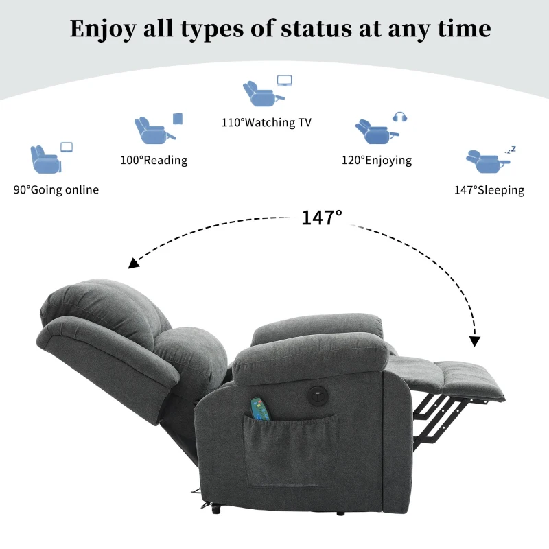 Power Massage Lift Recliner Chair with Heat and Vibration for Elderly, Heavy Duty Reclining Mechanism with Pockets, Cup Holders, Grey