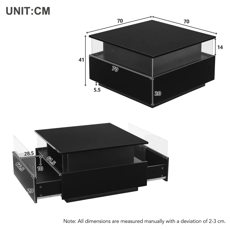 Modern LED Coffee Table with 2 Sliding Drawers and Smart App Control, Square Design, 70L x 70W x 41H cm, Black