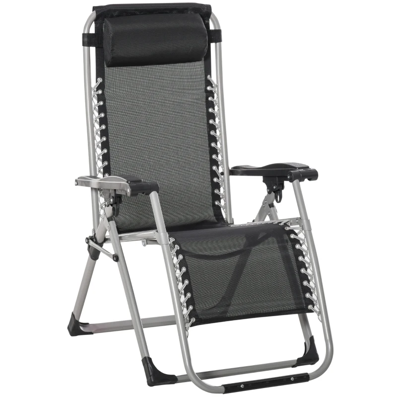 Outsunny 2pc Reclining Zero Gravity Sun Loungers ,Folding Chaise Lounge Chair with Cushions, Dark Grey