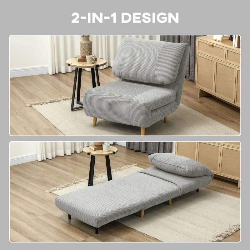 HOMCOM 2-in-1 Sleeper Chair Guest Bed, Adjustable Headrest Corduroy Look Gray 82 cm x 89 cm x 83 cm