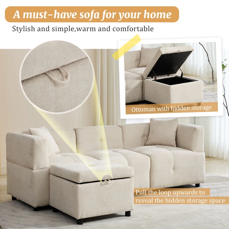 L-Shaped Sectional Sofa with Removable Storage Ottoman and 2 Pillows, Fabric Upholstery, 204L x 68W x 69H cm, Beige