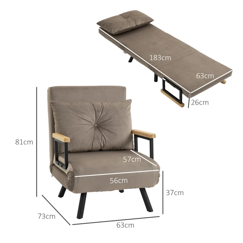 HOMCOM Sleeper Chair, Guest Bed, Adjustable Backrest, up to 120 kg, Steel Frame, 63x73x81cm, Light Brown(m-3)