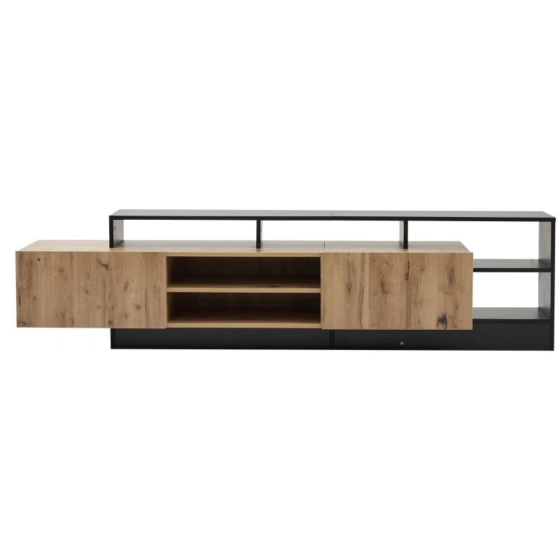 Minimalist Wooden TV Stand with 2 Cabinets and Open Shelves, Entertainment Centre for TVs Up to 70", 190L x 40W x 48.5H cm, Black+Oak