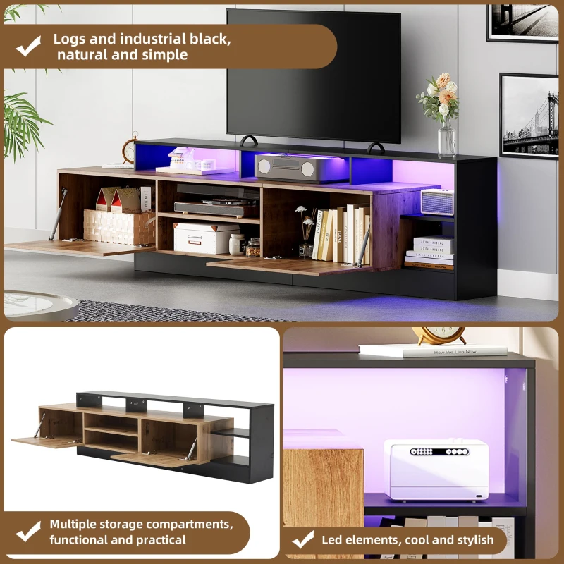 Minimalist Wooden TV Stand with 2 Cabinets and Open Shelves, Entertainment Centre for TVs Up to 70", 190L x 40W x 48.5H cm, Black+Oak