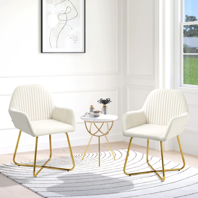 HOMCOM Modern Arm Chair Set of 2 Upholstered Accent Chair with Metal Base for Living Room Cream White