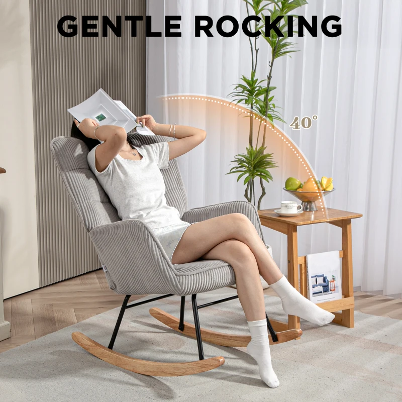 HOMCOM Vintage Rocking Chair, Curved Rockers, Thick Padding, Beechwood & Steel, Light Grey(m-4)