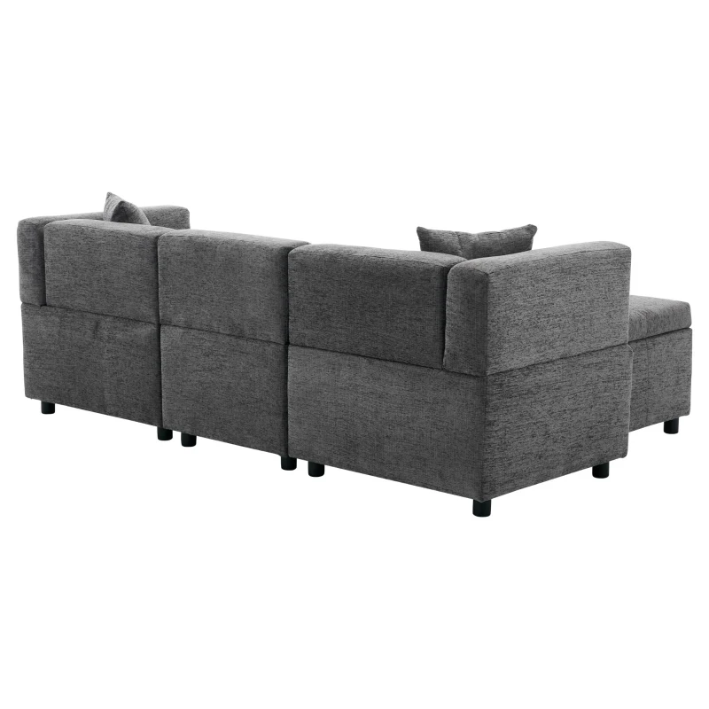 L-Shaped Sectional Sofa with Removable Storage Ottoman and 2 Pillows, Fabric Upholstery, 204L x 68W x 69H cm, Grey