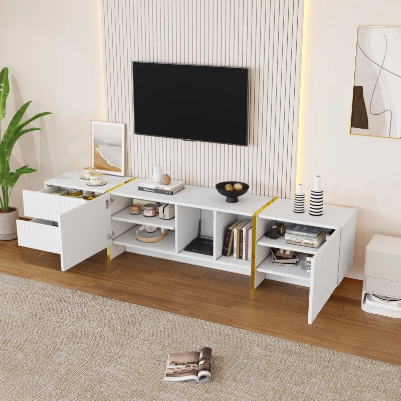 Modern TV Stand with Storage Cabinet for 85-Inch TV, Entertainment Centre with Open Shelves, 190L x 35W x 45H cm, White+Gold