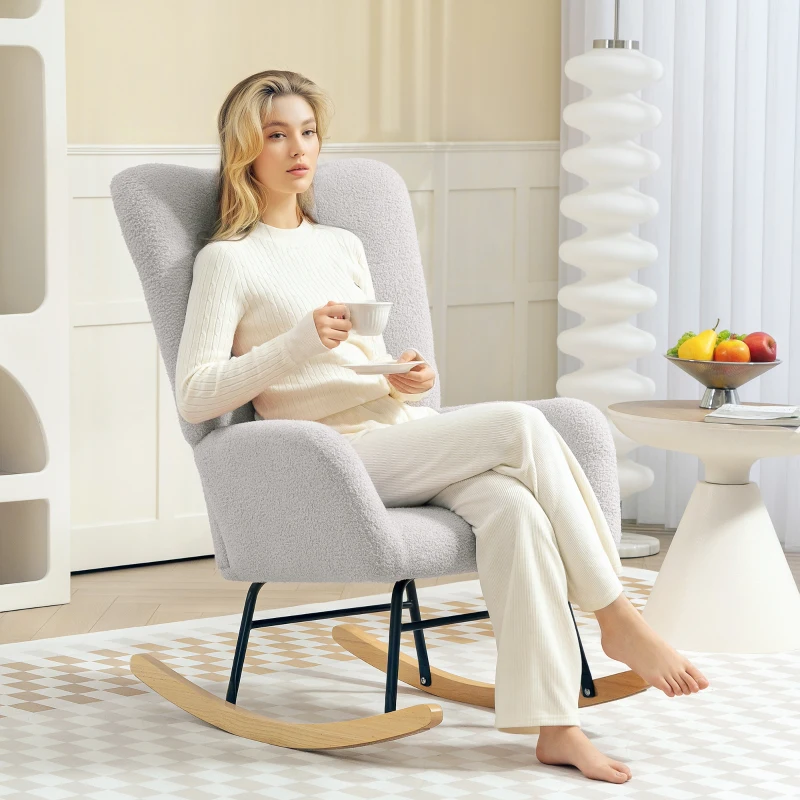 HOMCOM Rocking Chair, Cozy Cover, Thick Padding, Non-Slip, Light Grey