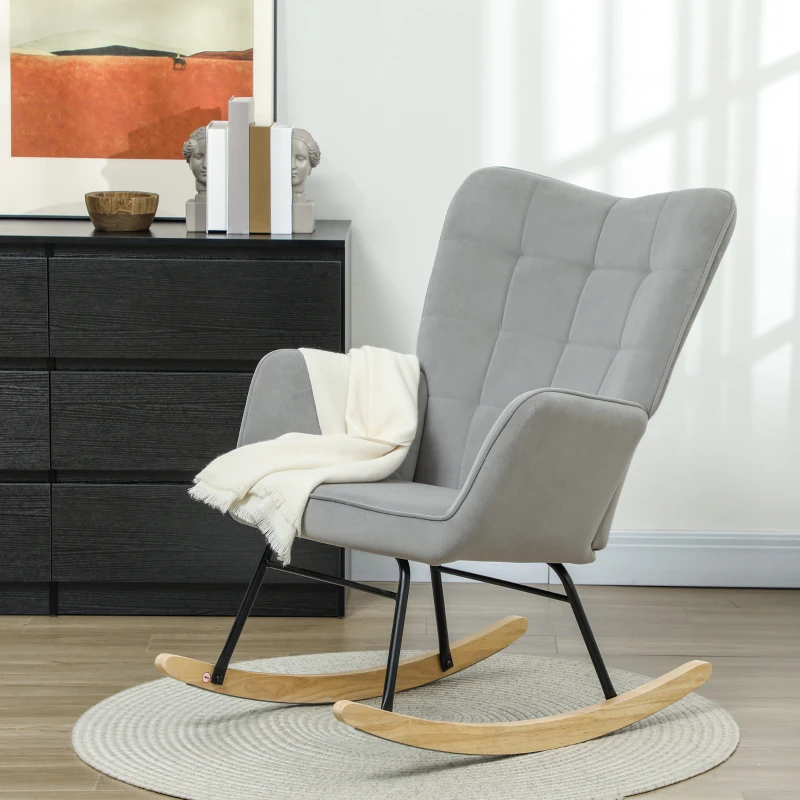 HOMCOM Rocking Chair, Thick Padding, Wide Backrest, Beech Wood/Steel Frame, Supports up to 120 kg, Light Gray(m-10)