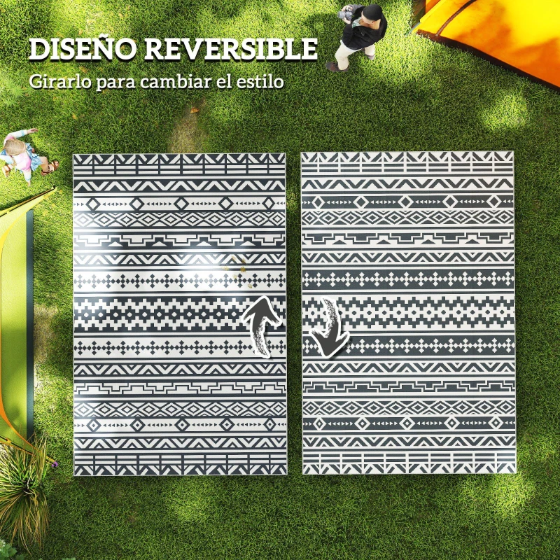 Outsunny Alfombra de Exterior Reversible 182x274 cm con Patrón Geométrico de Cenefa Impermeable con Bolsa Gris y Blanco