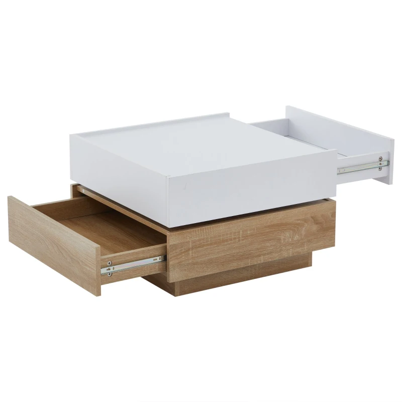 Square Rotating Coffee Table with 2 Drawers and Swivel Top, 2-Tier Centre Table with Storage, 60L x 60W x 38H cm, White+Oak